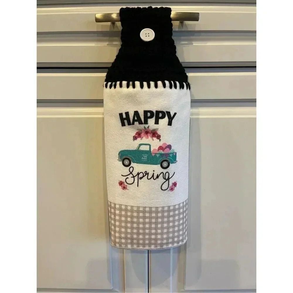 Crochet Top Kitchen Towel- Happy Spring